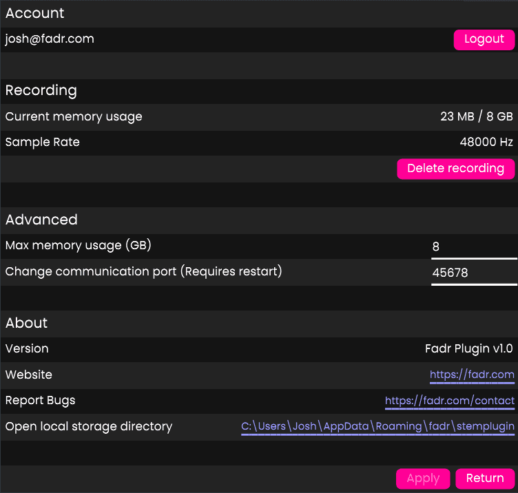 Taoyoutx Stems plugin options page